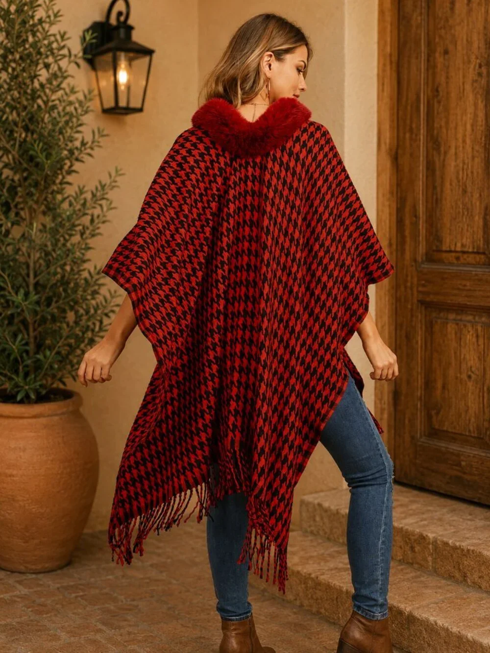 Red Houndstooth Poncho Faux Fur Collar One Size